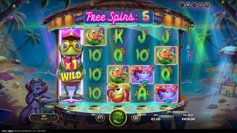 With five free spins left, an expanded wild with x1 multiplier appears on the first reel, occupying all symbol positions.