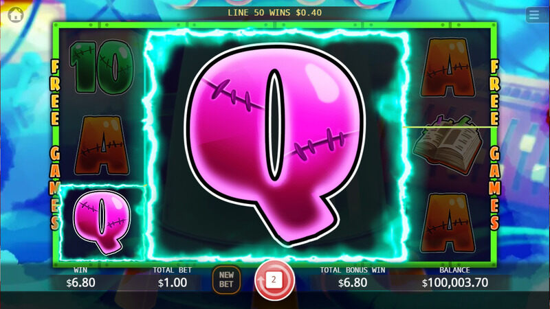 A Q symbol occupies the mega reel during the Frankenstein Free Games feature. It forms a win with a regular Q on reel one.