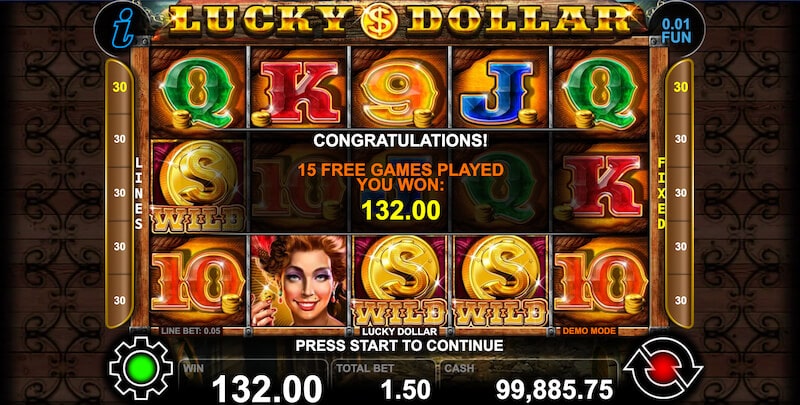 At the end of 15 free spins, a message is shown in the middle of the screen revealing a total win of $132.