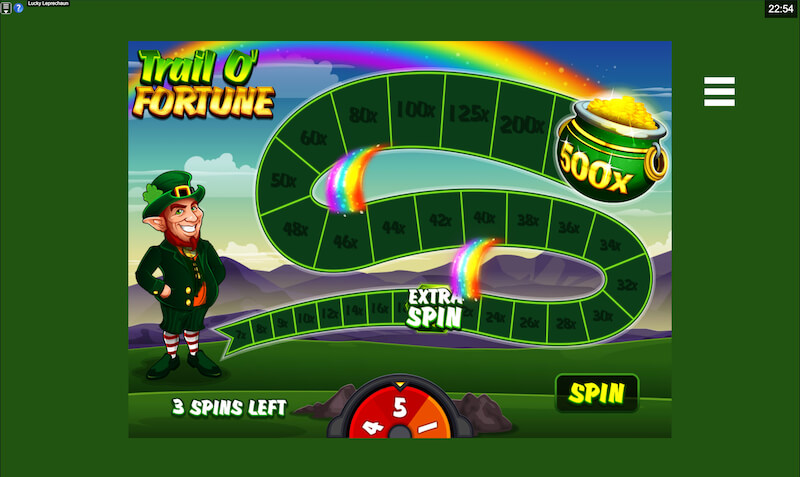 An emerald appears in the Trail O’ Fortune bonus, triggering an extra spin. The last spin awarded five steps, shown below.