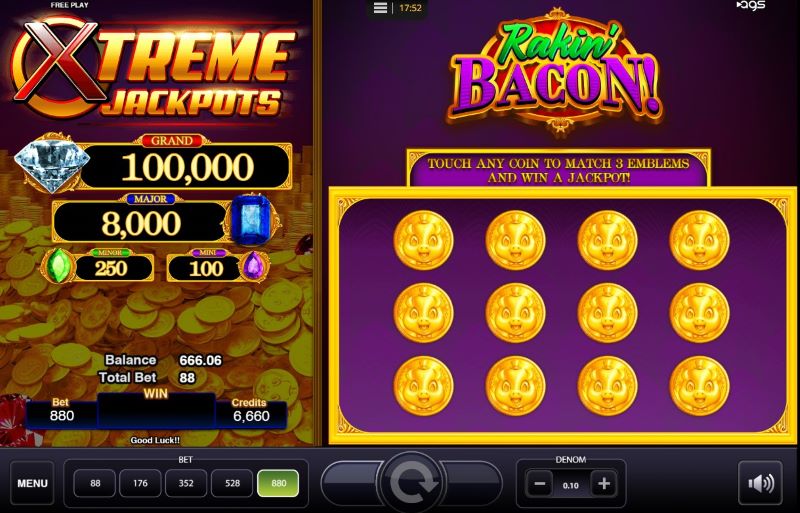 The Jackpot Pick bonus underway. No coins are selected, so all 12 are visible. To the left, various jackpot pools are shown.