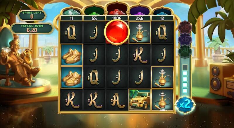 No more free spins remain, as indicated in the top-left corner. A total of $6.20, also seen top-left, is won so far.