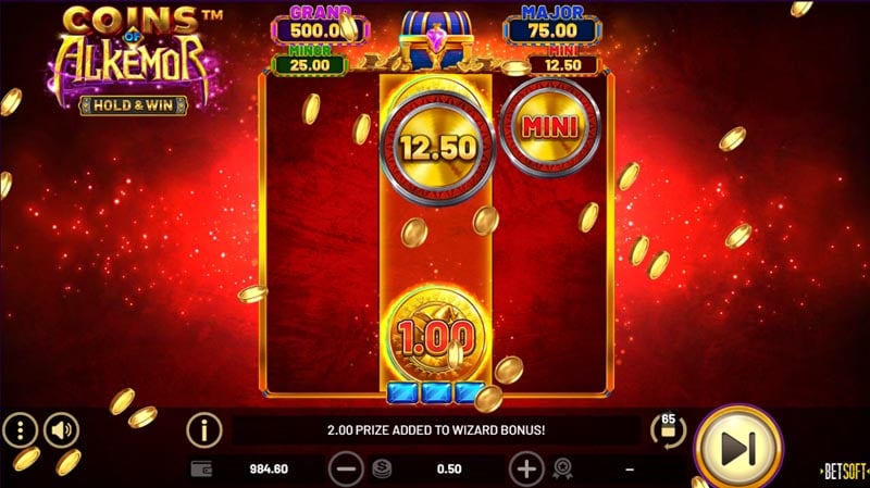 The Hold & Win feature, with a Mini Bonus Symbol visible on the third reel. Jackpot values can be seen above the reels. 