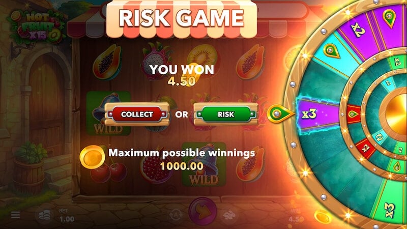 The Risk Game after a $1.50 base win. At the end of the spin, a x3 multiplier has been won, bringing the total to $4.50. 